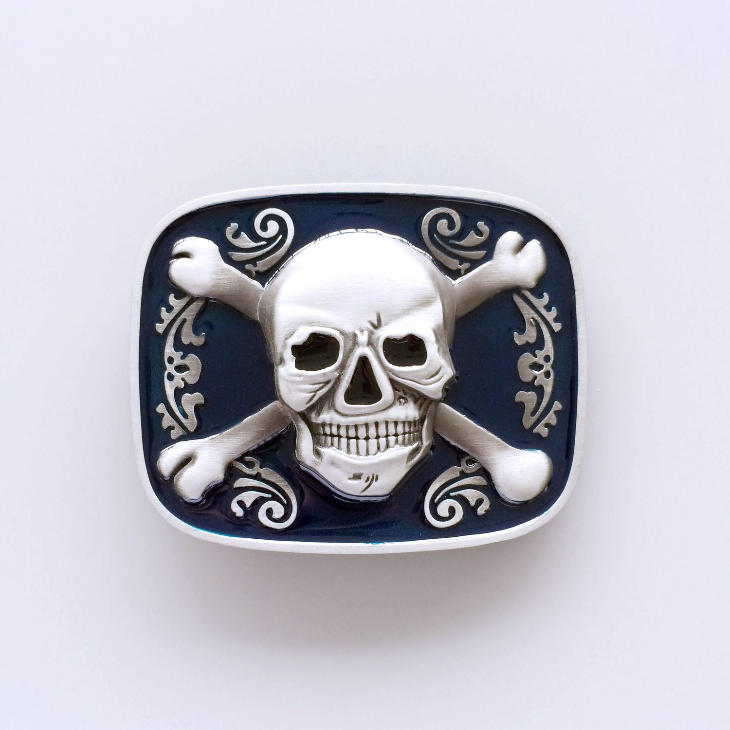 Vintage Blue Enamel Skull Bones Pirate Belt Buckle