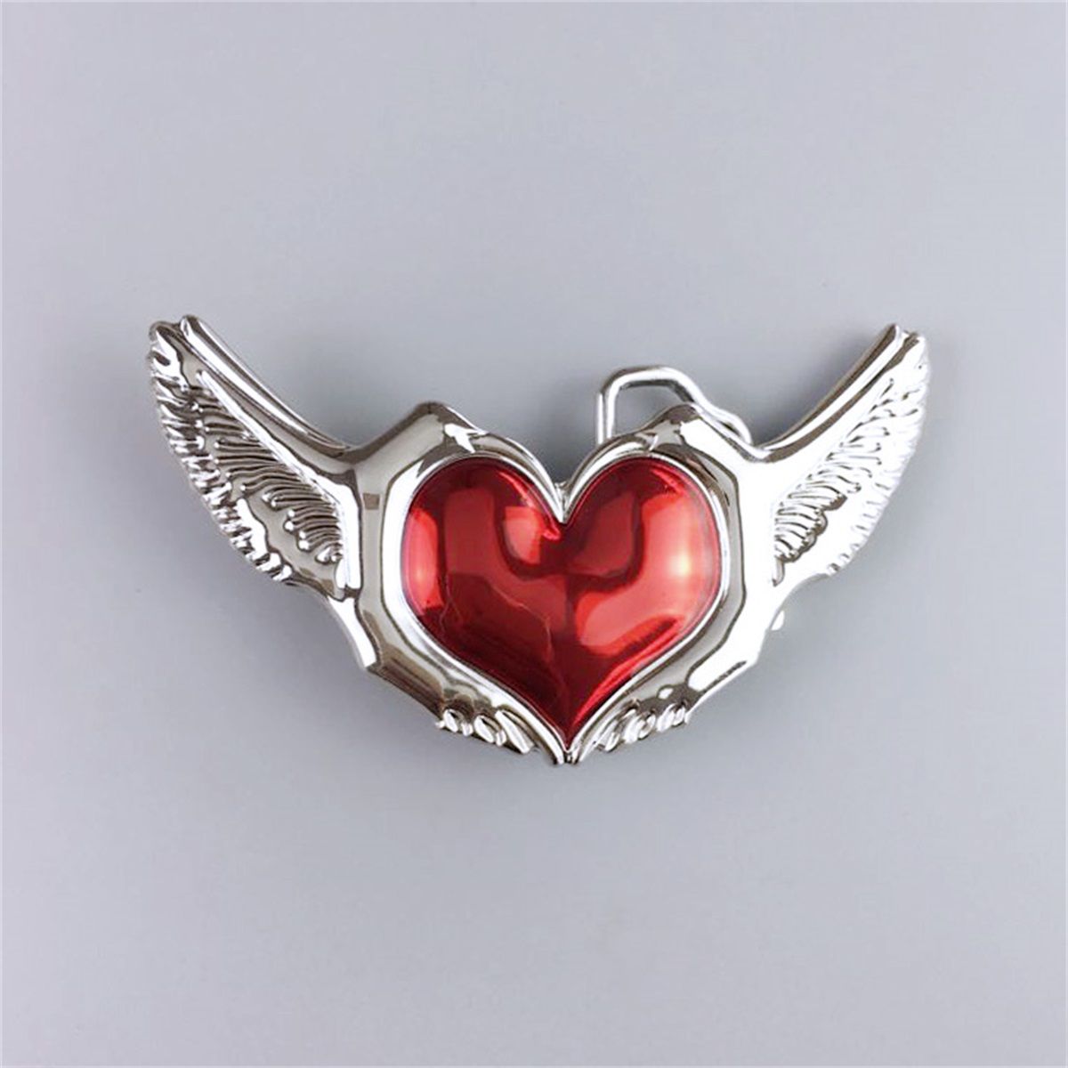 Bright Silver Red Enamel Love Heart Wings Belt Buckle