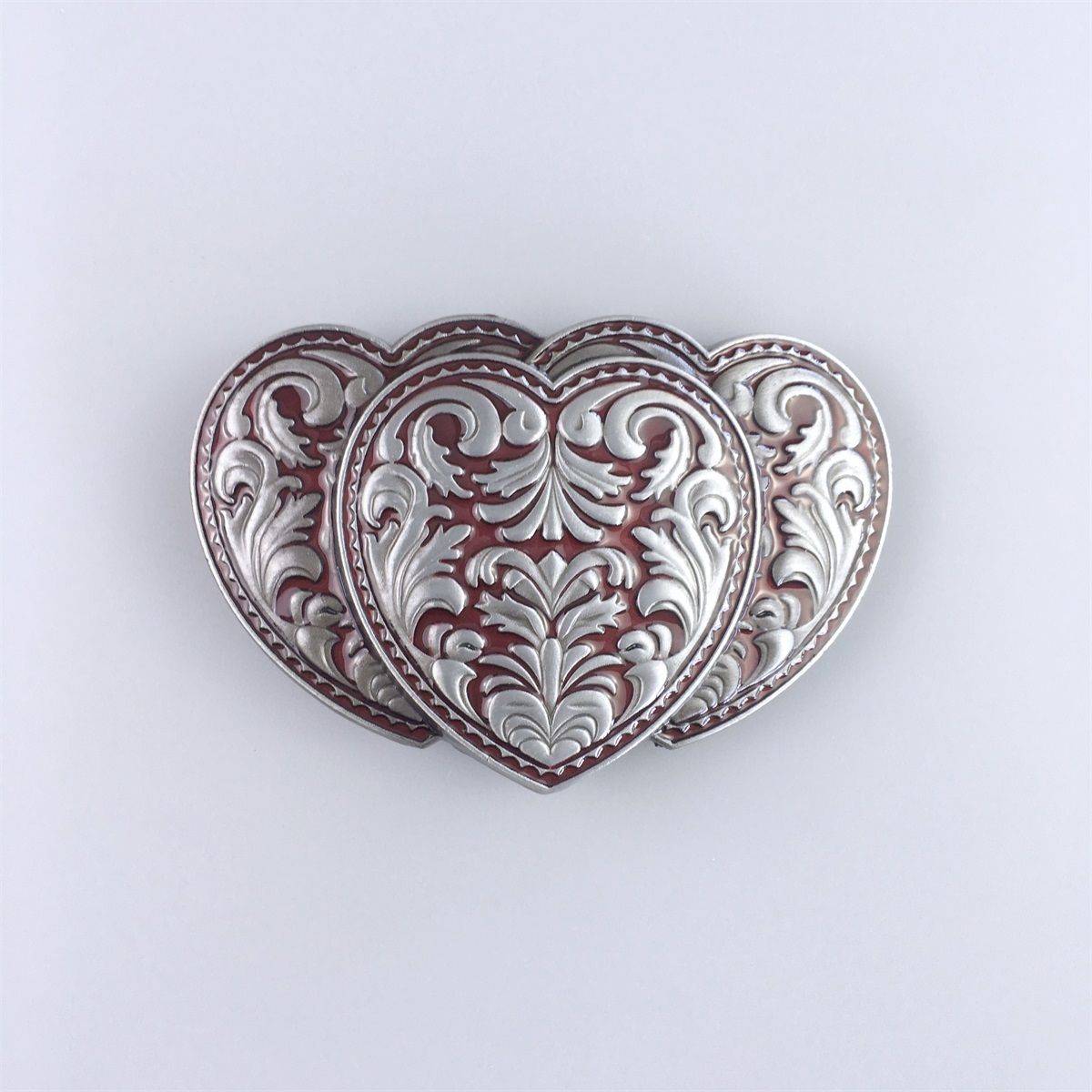 Red Enamel Triple Hearts Western Rodeo Belt Buckle