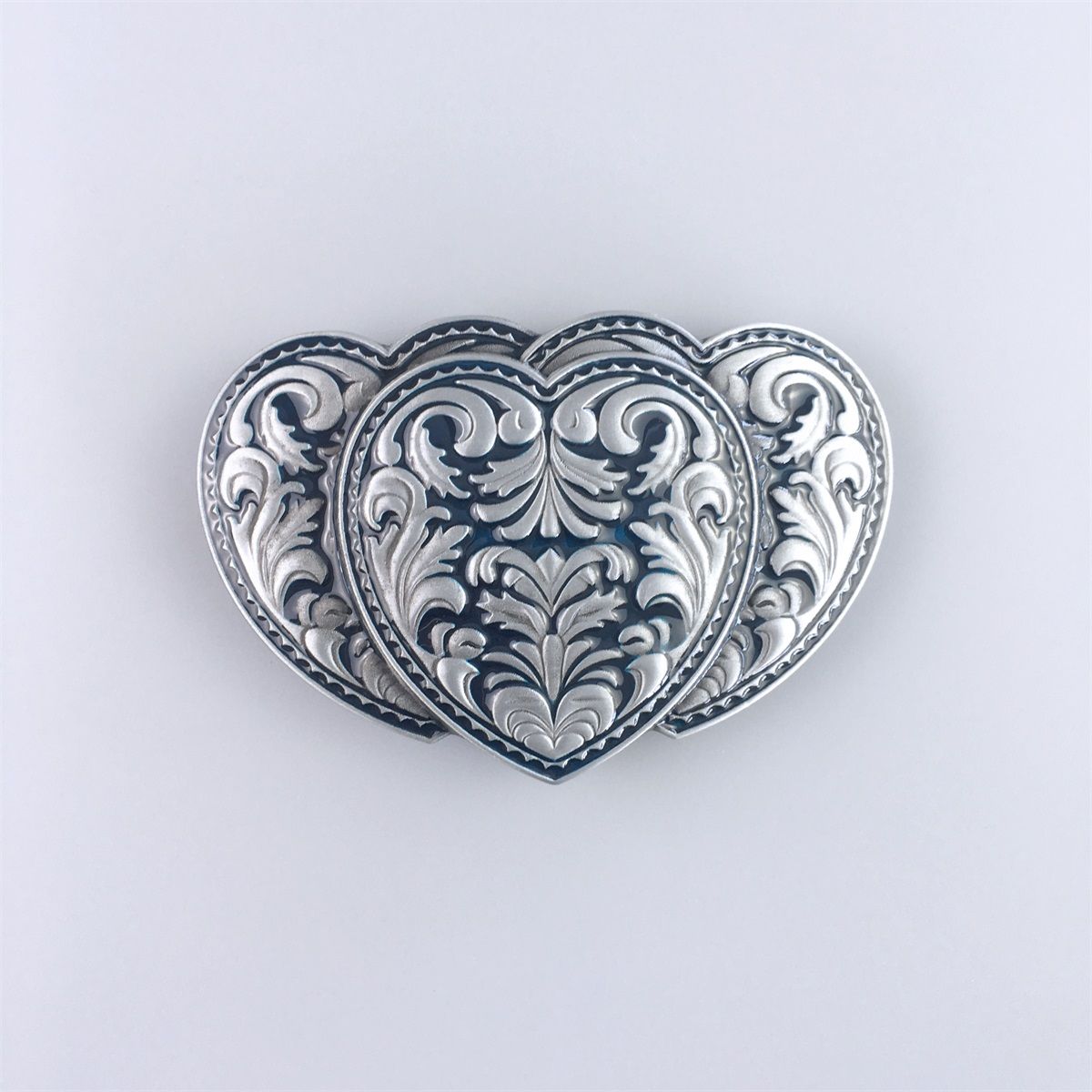 Blue Enamel Triple Hearts Western Rodeo Belt Buckle