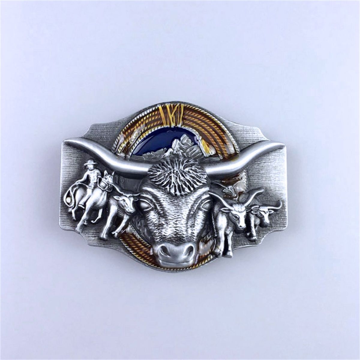 Vintage Style Enamel Longhorn Rodeo Bull Western Belt Buckle Hebilla