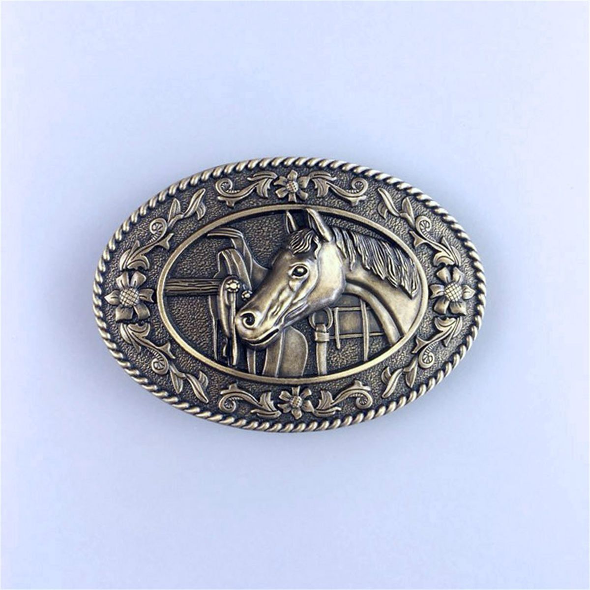 Vintage Bronze Plated Horse Head Saddle Western Oval Belt Buckle Hebilla
