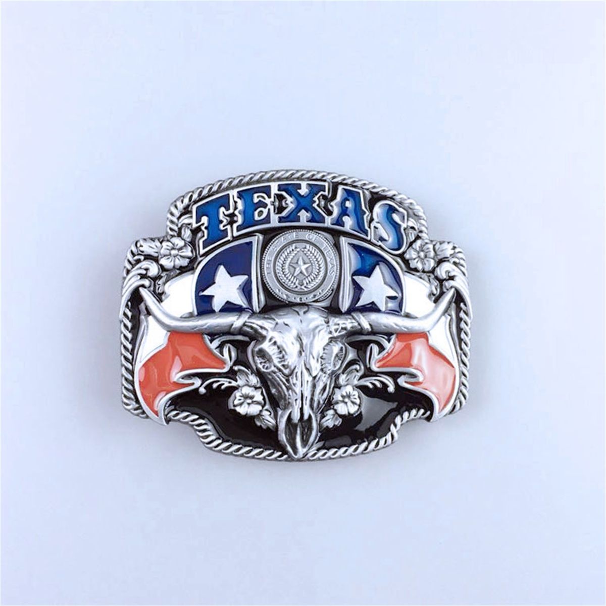 Antique Silver Black Enamel Longhorn State Flags Western Belt Buckle