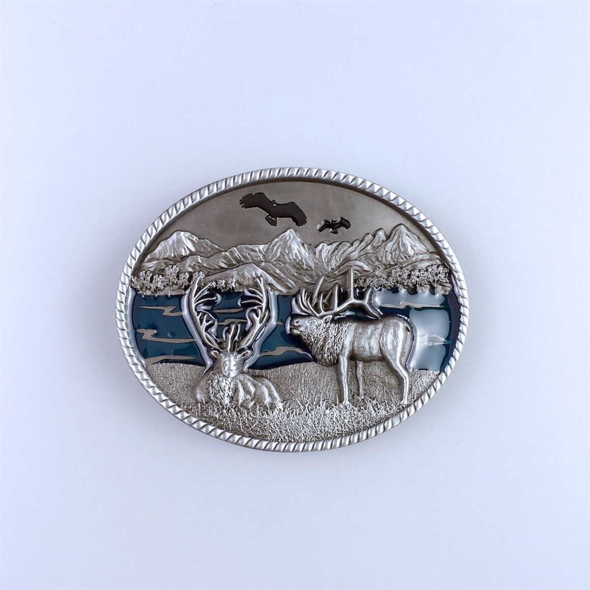 Vintage Enamel Deer Wild Life Western Oval Belt Buckle Hebilla