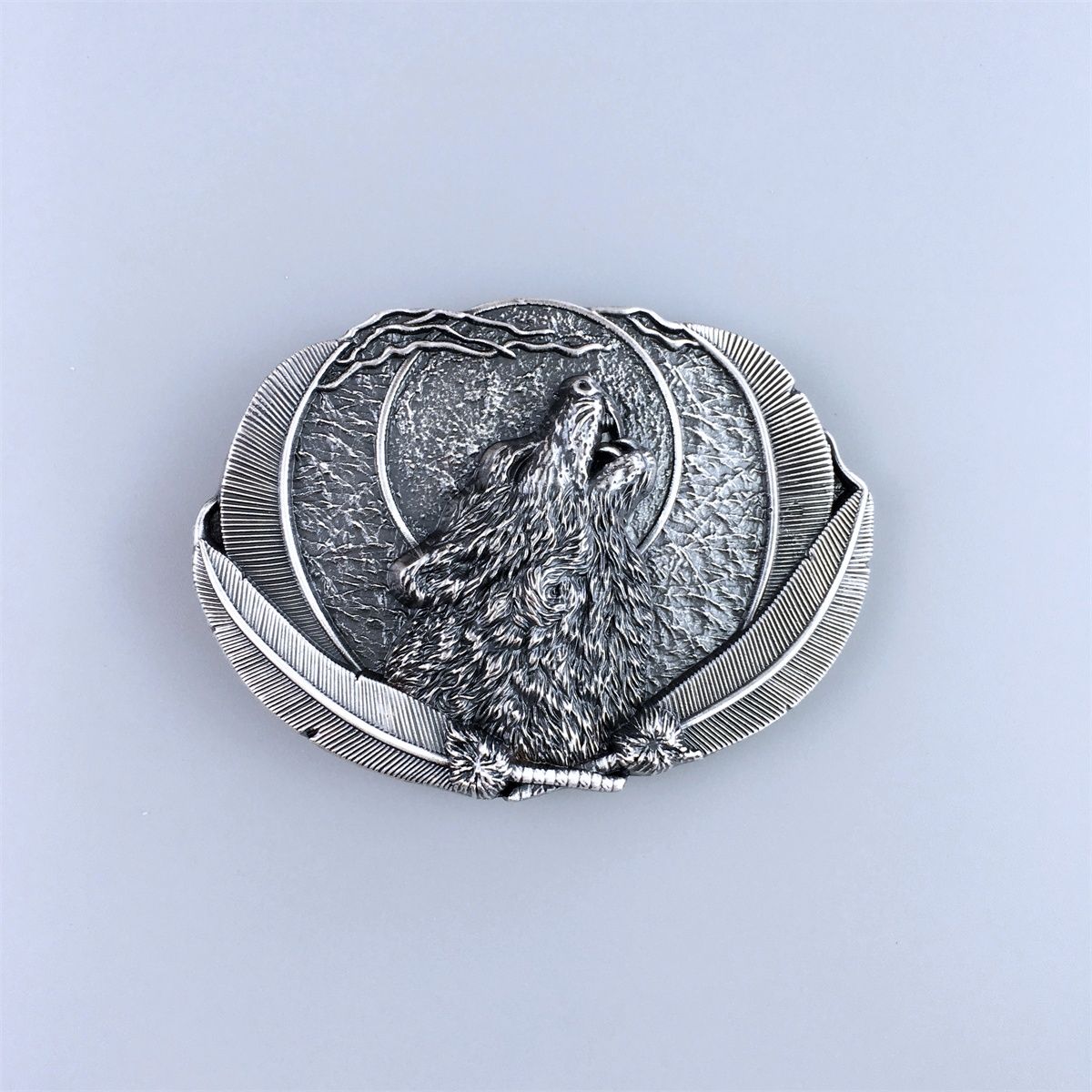 Vintage Silver Plated Western Moon Wolf Oval Belt Buckle Hebilla