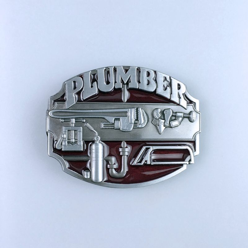 Antique Silver Red Enamel Plumber Trades Tradesman Belt Buckle Hebilla BUCKLE-WT123RD