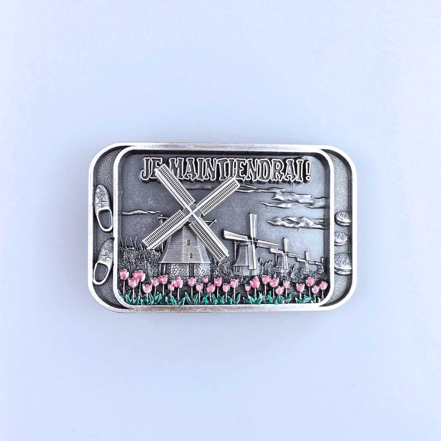 Vintage Silver Plated Spinner Windmill Tulip Pattern Rectangle Belt Buckle Hebilla