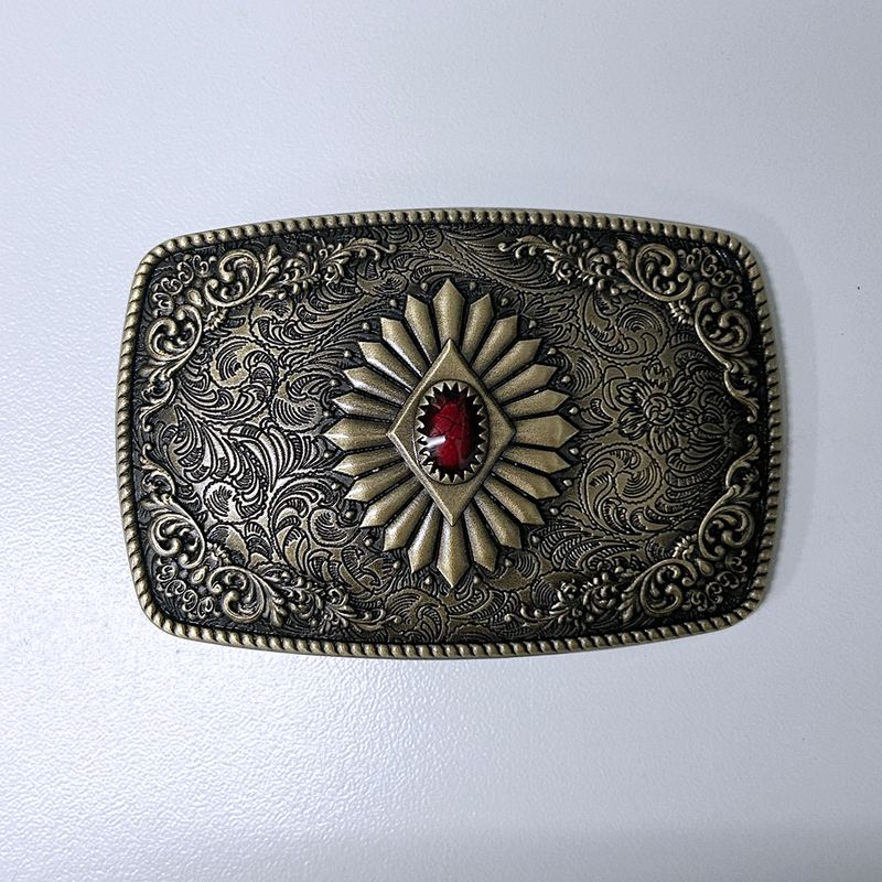Antique Bronze Plated Southwest Totem Red Enamel Rectangle Belt Buckle BUCKLE-WT144AB-RD
