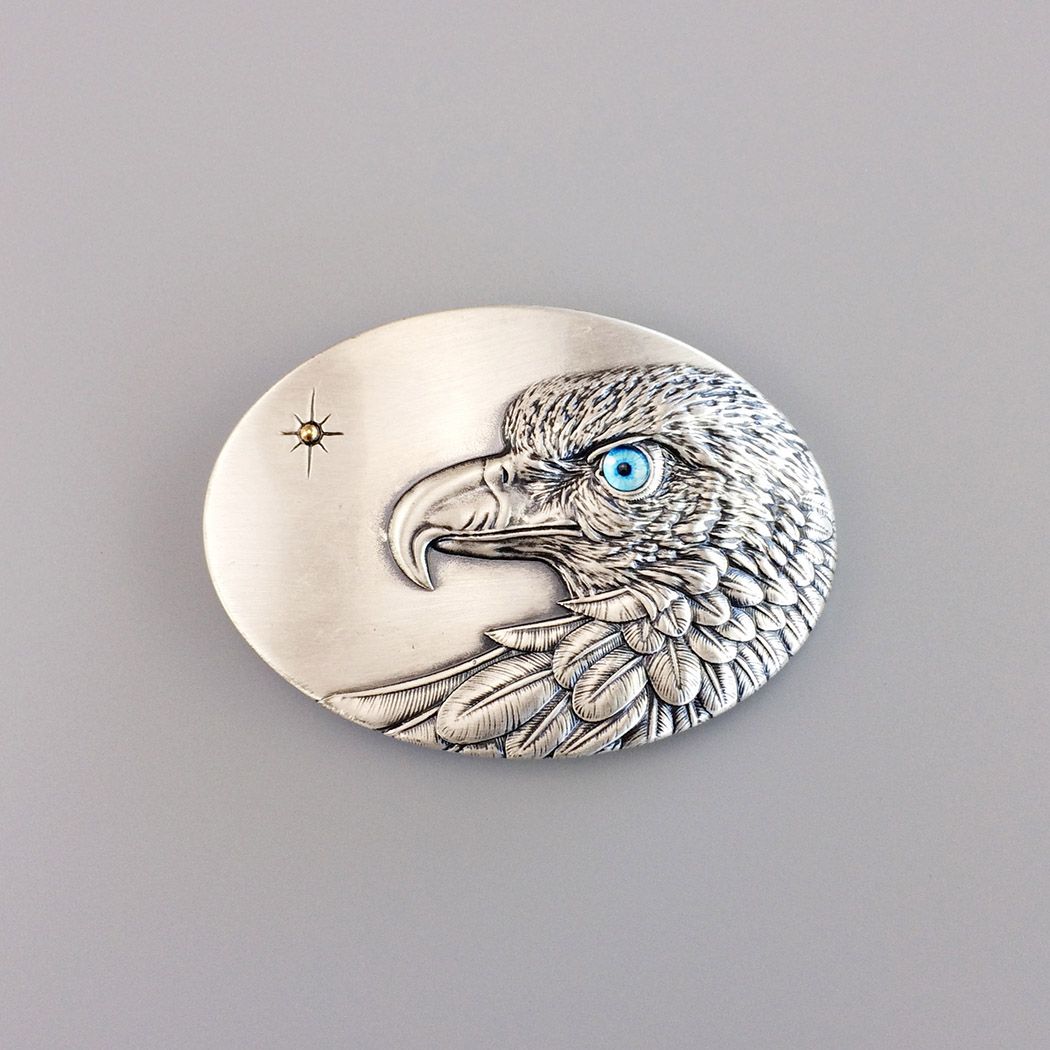 Vintage Silver Plated Oval Sun Eagle Belt Buckle With Blue Eye