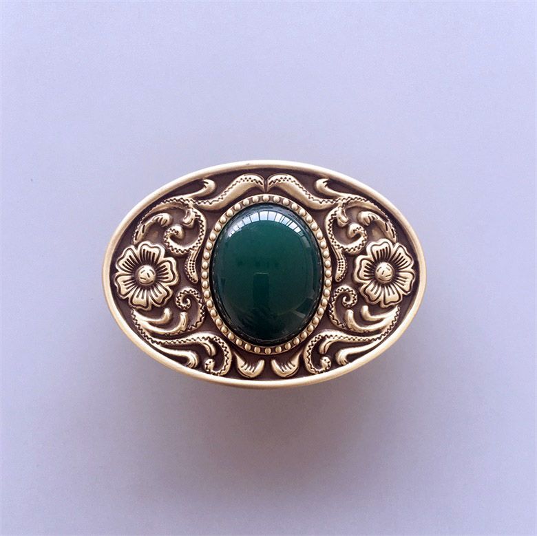 Western Flower Stone Oval Solid Brass Belt Buckle