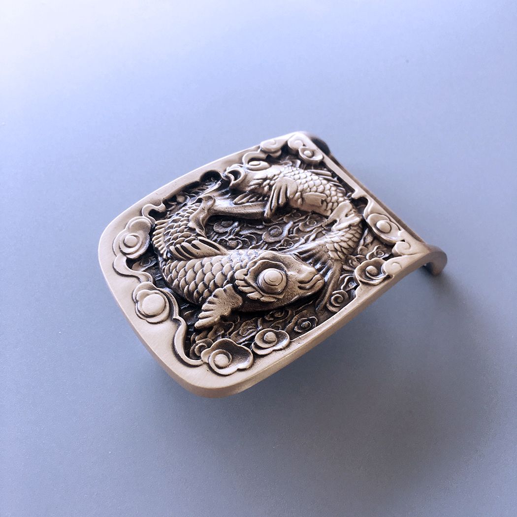 Double Fishes Rectangle Solid Brass Belt Buckle