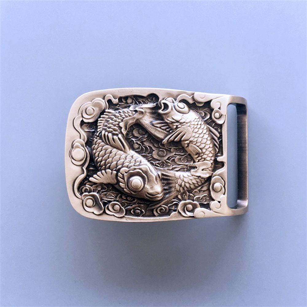 Double Fishes Rectangle Solid Brass Belt Buckle BUCKLE-BS012