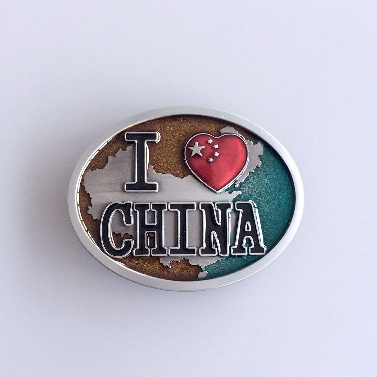 Vintage Style Enamel I Love China Chinese Map Flag Oval Belt Buckle