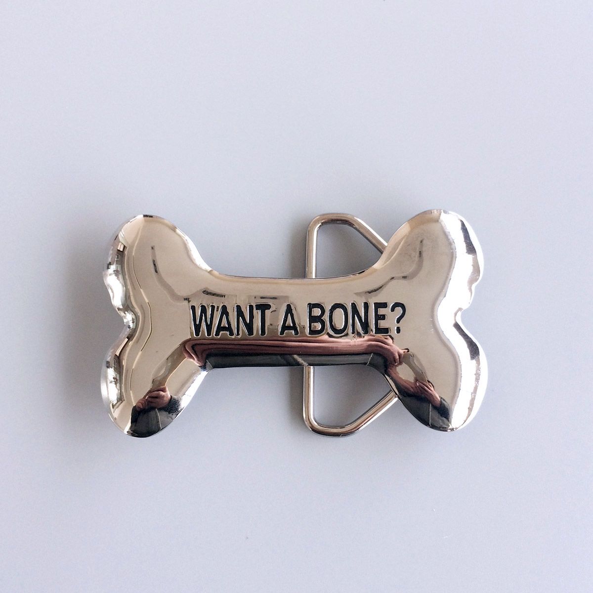 Bright Silver Plated Want A Bone Cartoon Belt Buckle