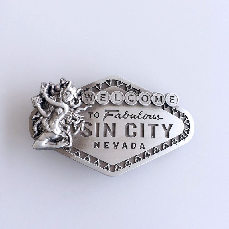 Antique Brushed Silver Nevada Sin City Sign Belt Buckle BUCKLE-CS034AS