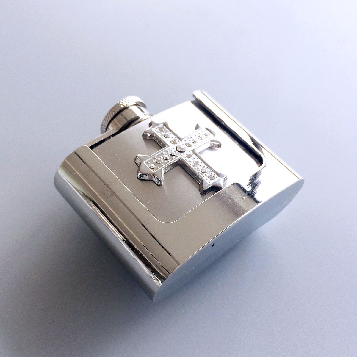 Rhinestone Cross Two Ounce Stainless Steel Flask Belt Buckle