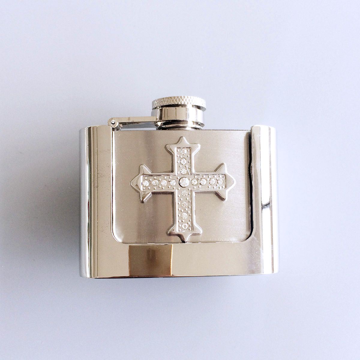 Rhinestone Cross Two Ounce Stainless Steel Flask Belt Buckle BUCKLE-FL-Cross