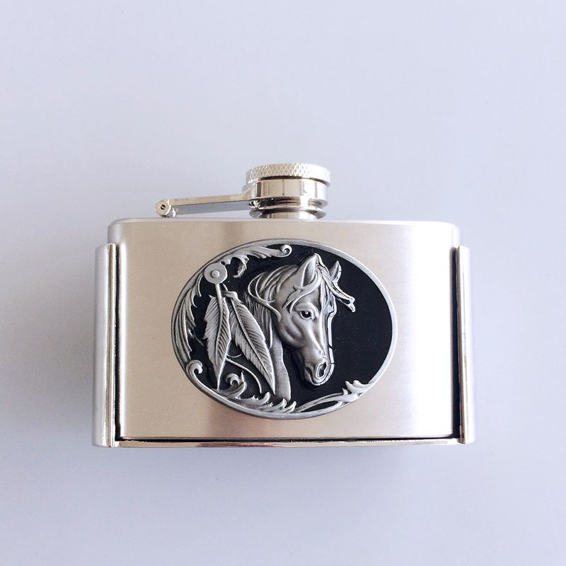 Western Horse Three Ounce Stainless Steel Flask Belt Buckle BUCKLE-FL-Horse