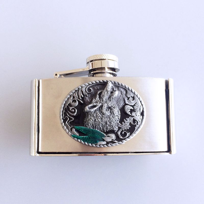 Western Wolf Three Ounce Stainless Steel Flask Belt Buckle BUCKLE-FL-Wolf