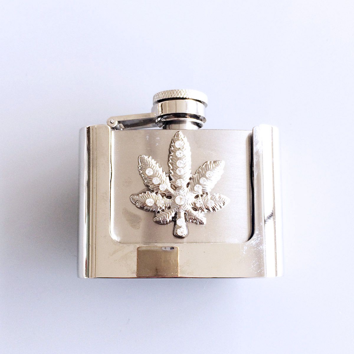 Rhinestone Marple Leaf Two Ounce Stainless Steel Flask Belt Buckle