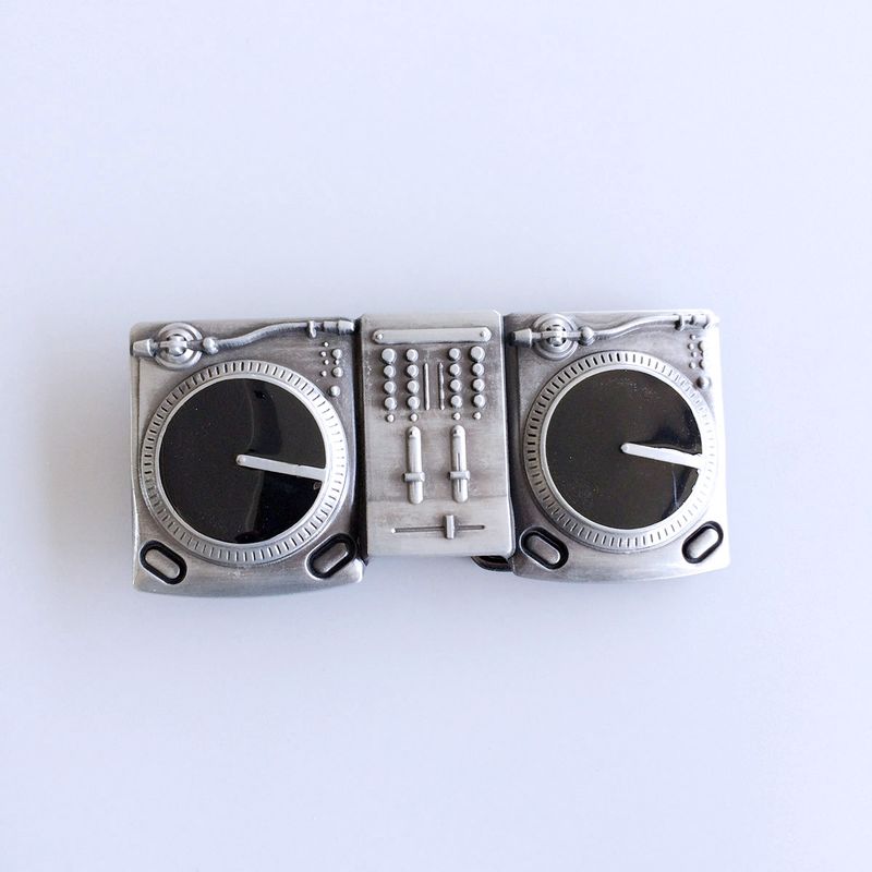 Antique Silver Enamel Turntables Music Belt Buckle BUCKLE-MU014