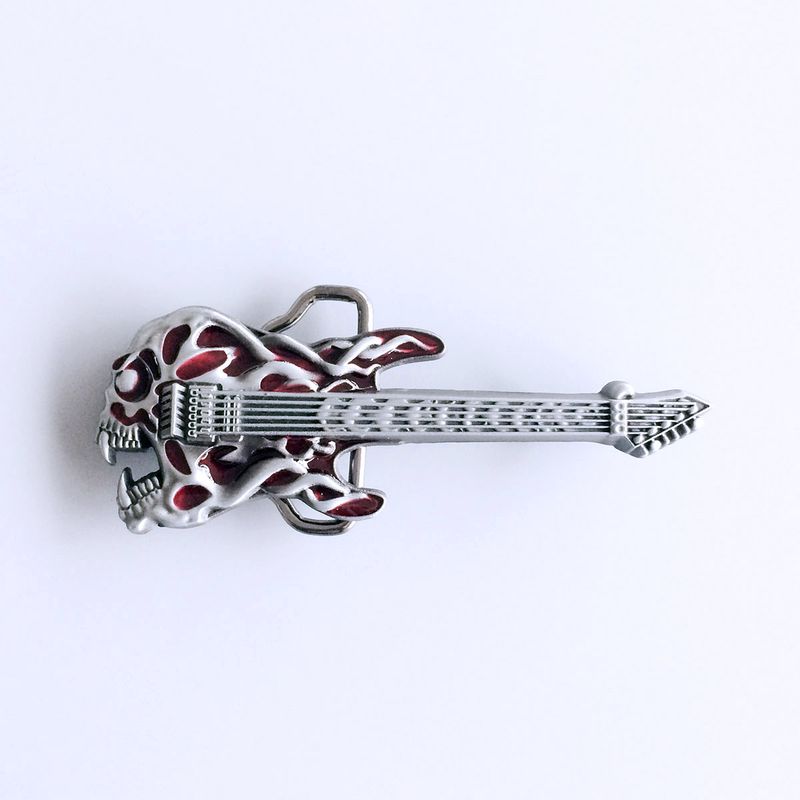 Vintage Red Enamel Tattoo Skull Guitar Music Belt Buckle BUCKLE-MU024RD