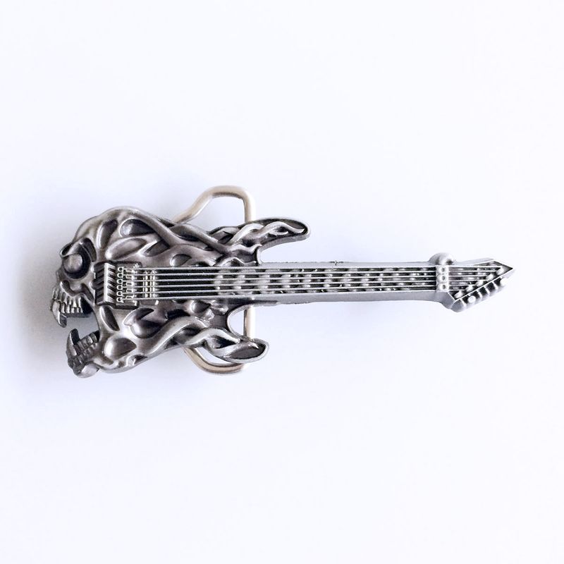 Antique Silver Tattoo Skull Guitar Music Belt Buckle BUCKLE-MU024AS