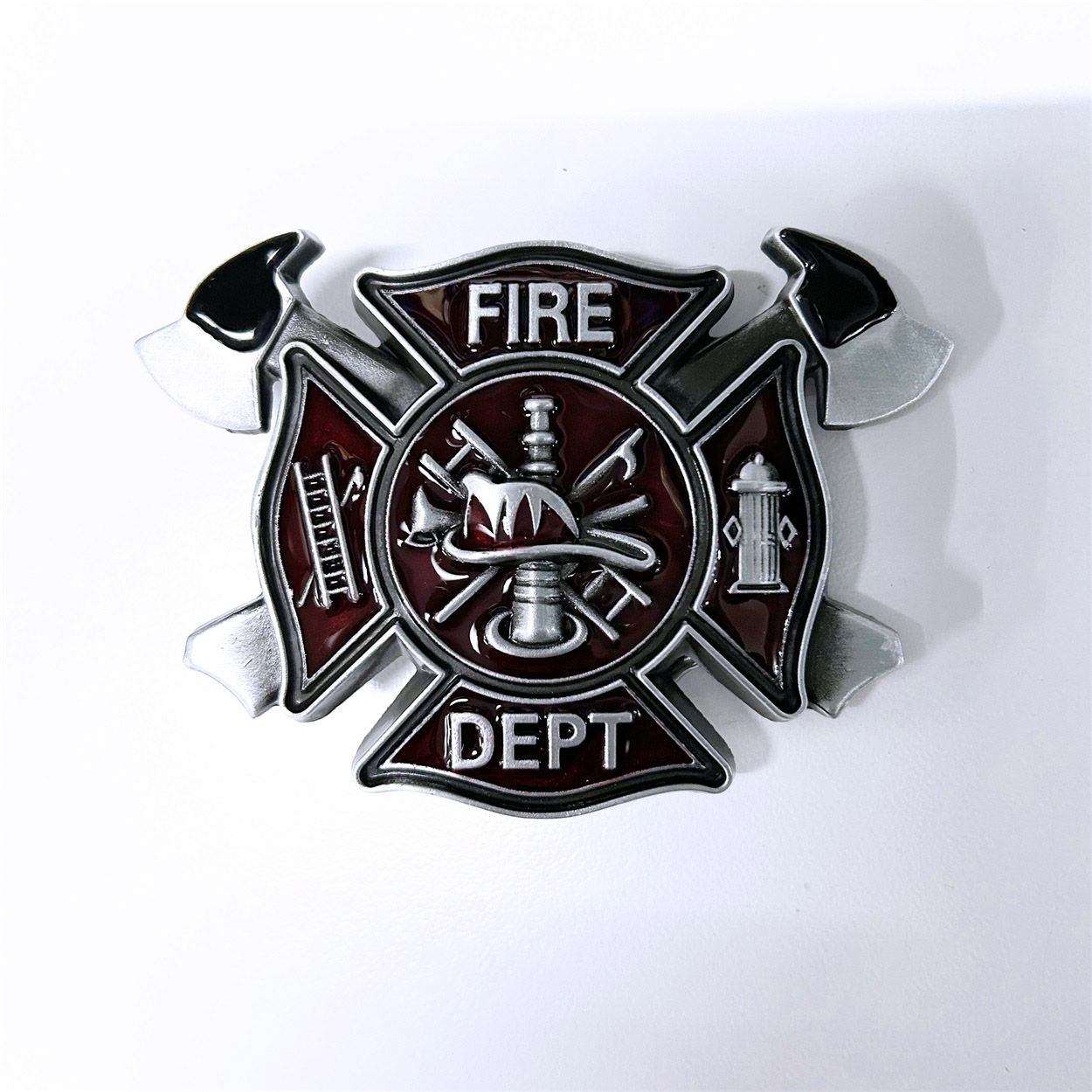 Antique Silver Vintage Style Fire Fighter Cross Enamel Belt Buckle