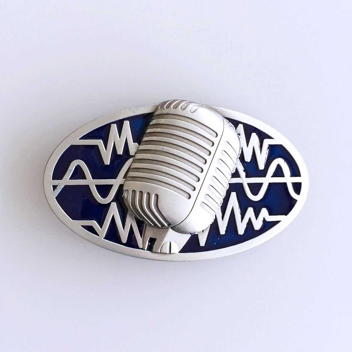 Vintage Blue Enamel Microphone Music Oval Belt Buckle