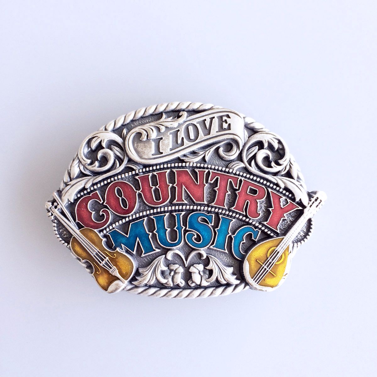 Vintage Silver Plated I Love Western Country Music Belt Buckle