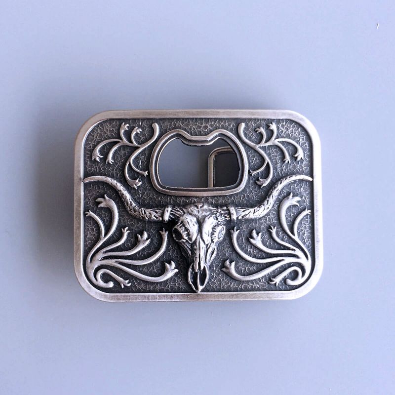 Vintage Silver Plated Long Horn Bull Bottle Opener Belt Buckle BUCKLE-OC031SL