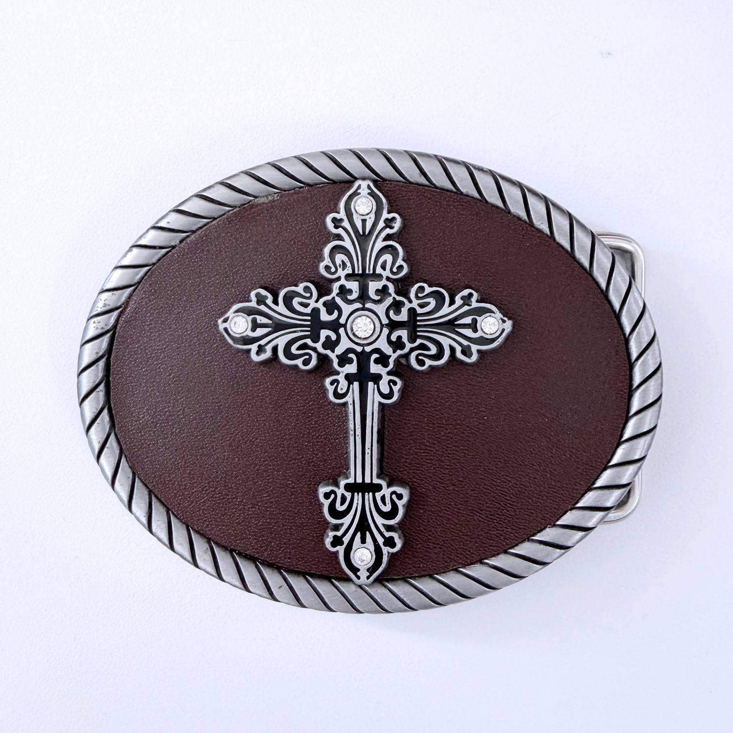 Vintage Leather Cover Rhinestones Cross Oval Belt Buckle
