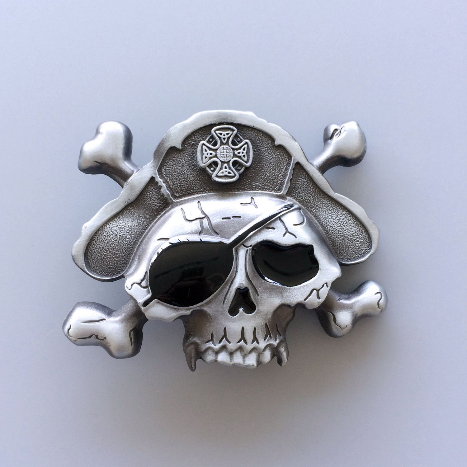 Vintage Enamel Skull Bone Pirate Hat Eye Patch Belt Buckle