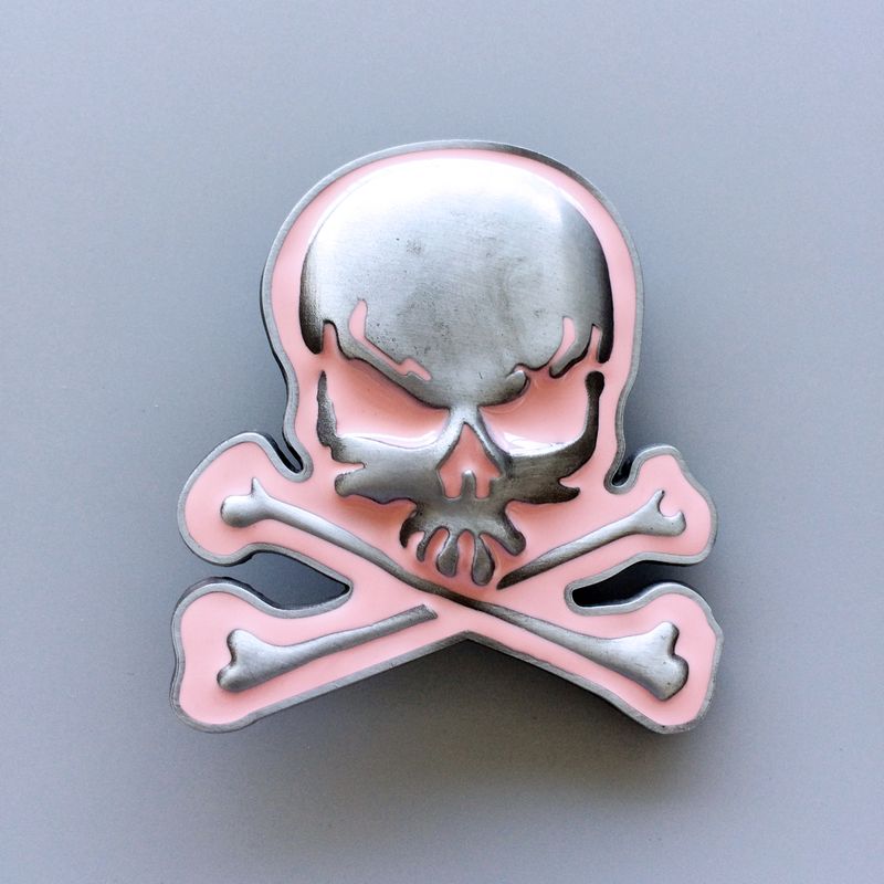Vintage Pink Enamel Skull With Bones Belt Buckle BUCKLE-SK013PK