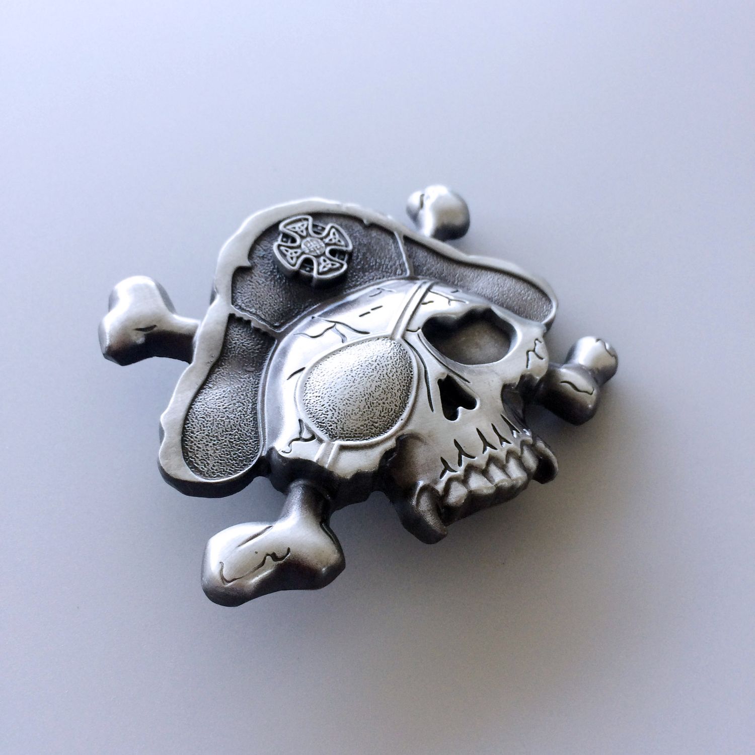 Antique Silver Vintage Skull Bone Pirate Hat Eye Patch Belt Buckle