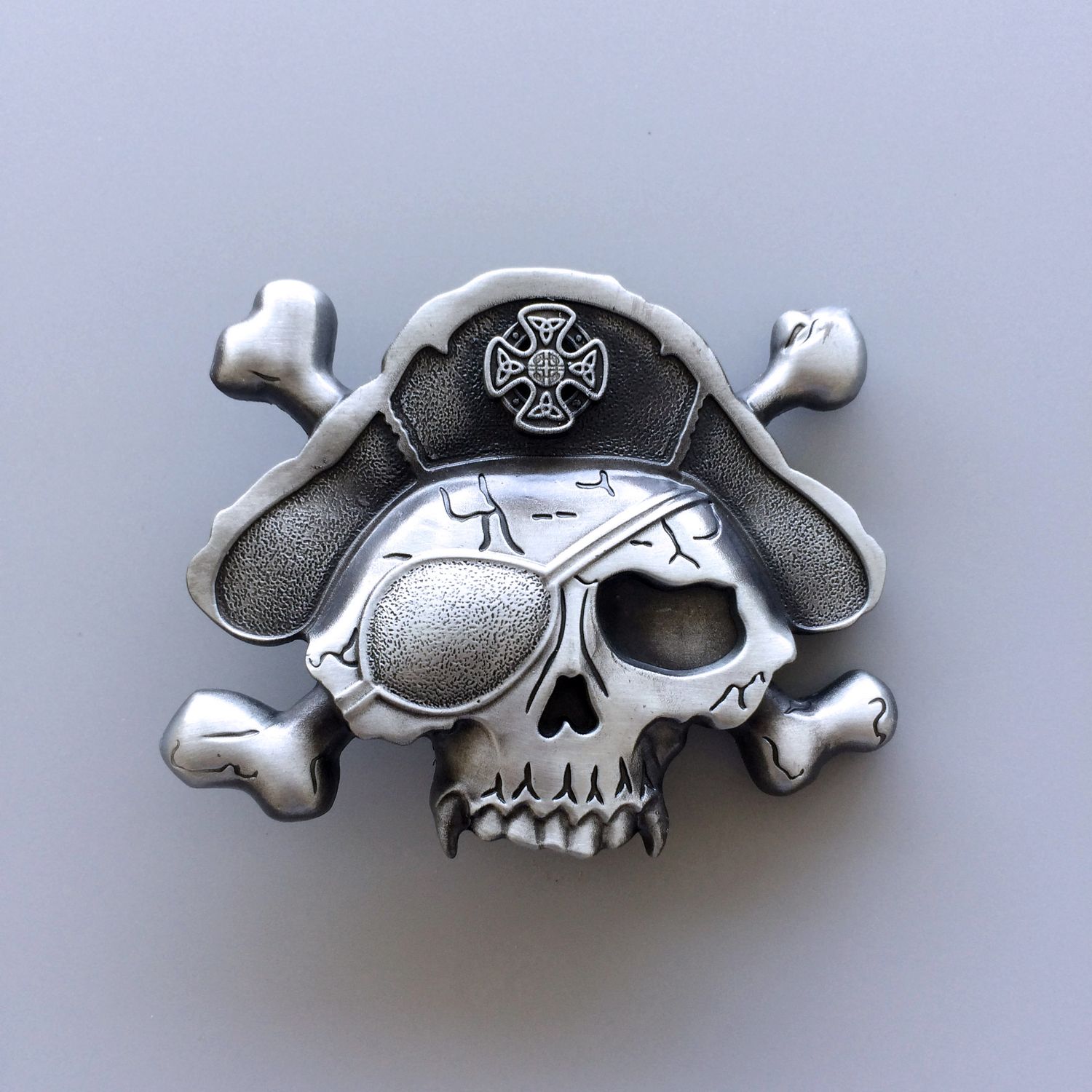 Antique Silver Vintage Skull Bone Pirate Hat Eye Patch Belt Buckle BUCKLE-SK017AS