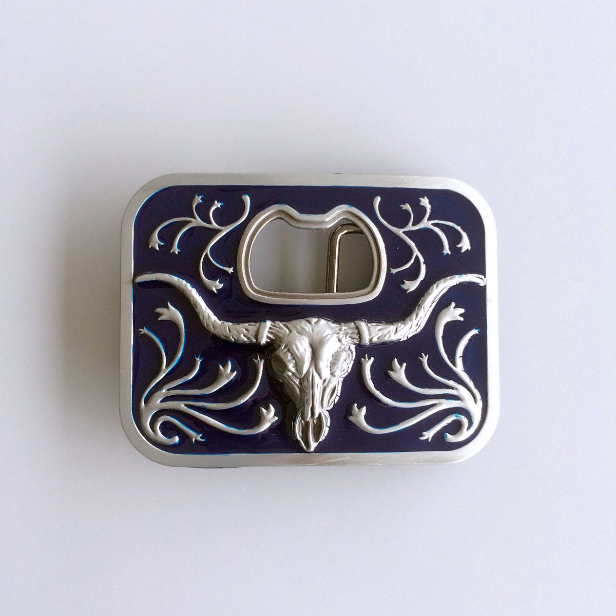 Vintage Blue Enamel Western Long Horn Bull Bottle Opener Belt Buckle