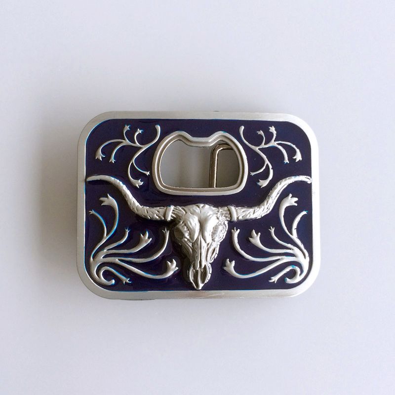 Vintage Blue Enamel Western Long Horn Bull Bottle Opener Belt Buckle BUCKLE-OC031BL
