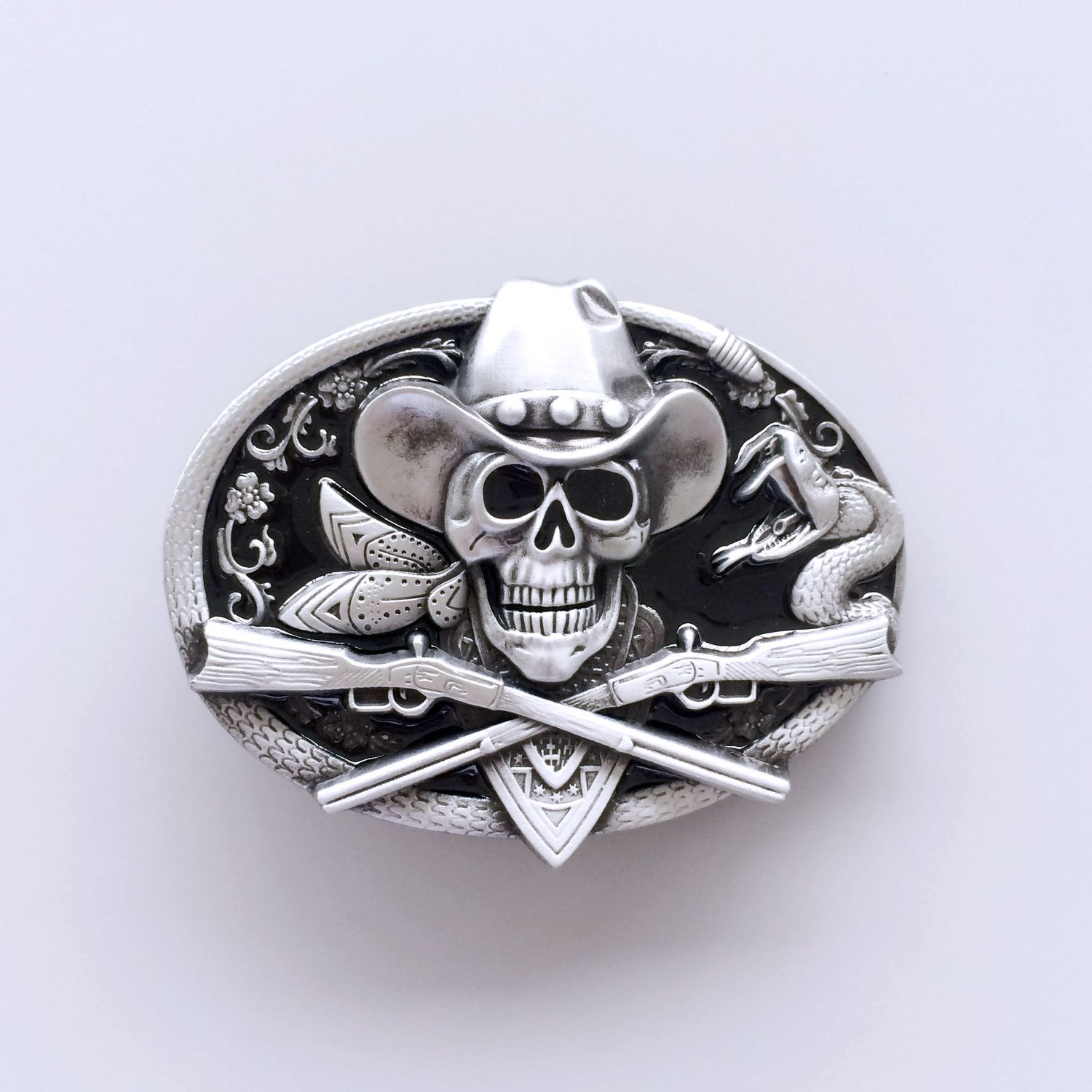Vintage Rodeo Skull Cowboy Black Enamel Belt Buckle