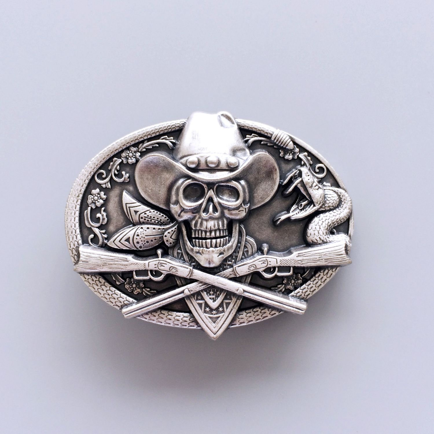 Vintage Silver Plated Skull Rifles Cowboy Metal Belt Buckle