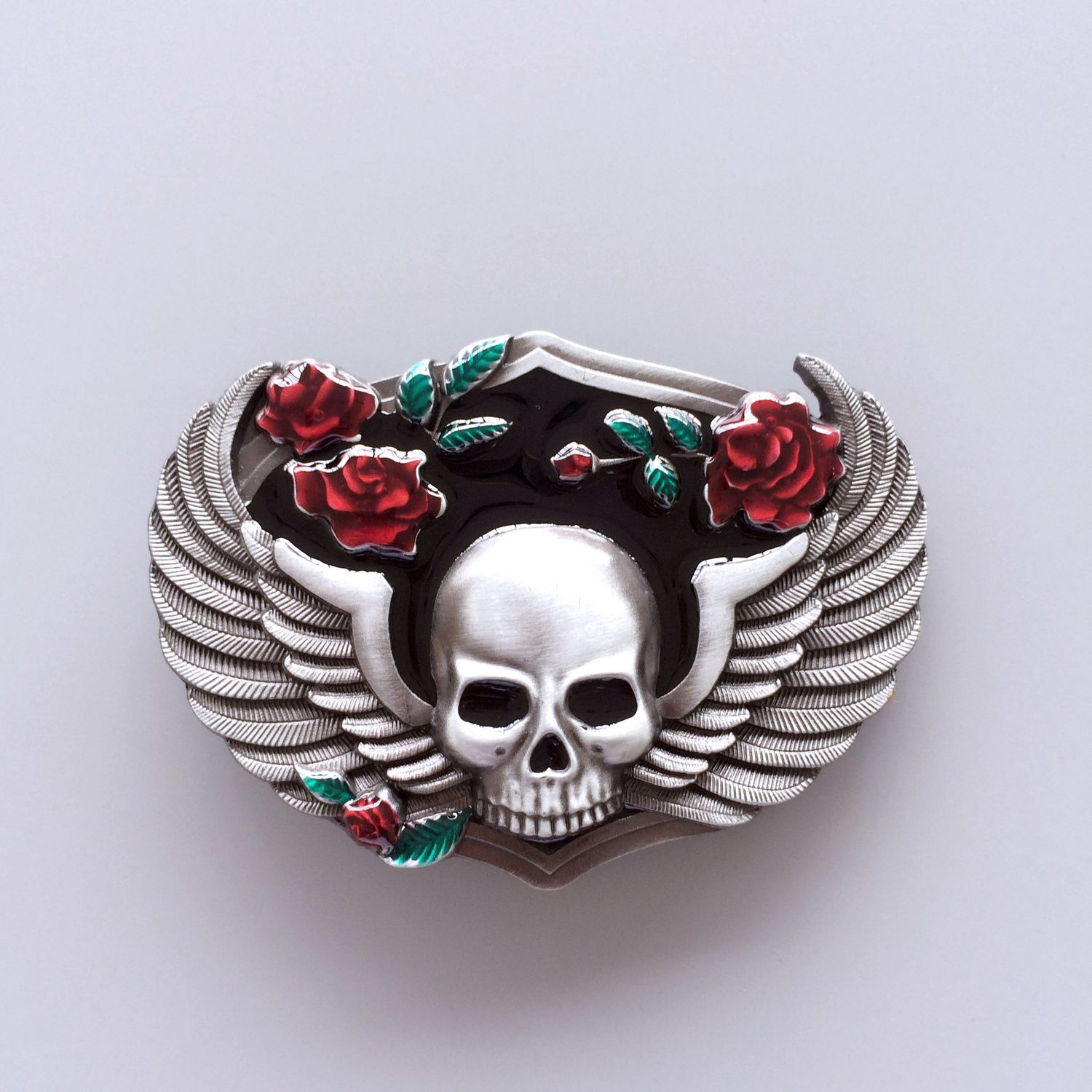 Vintage Style Rose Skull Wing Belt Buckle