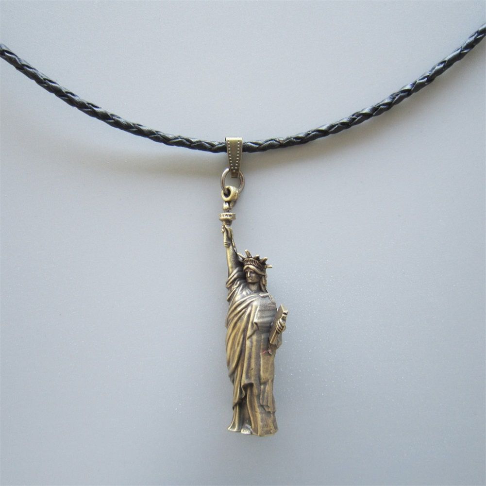 Antique Bronze Plated 3D Liberty Enlightening the World Metal Charm Pendant Leather Necklace NECKLACE-3D037AB