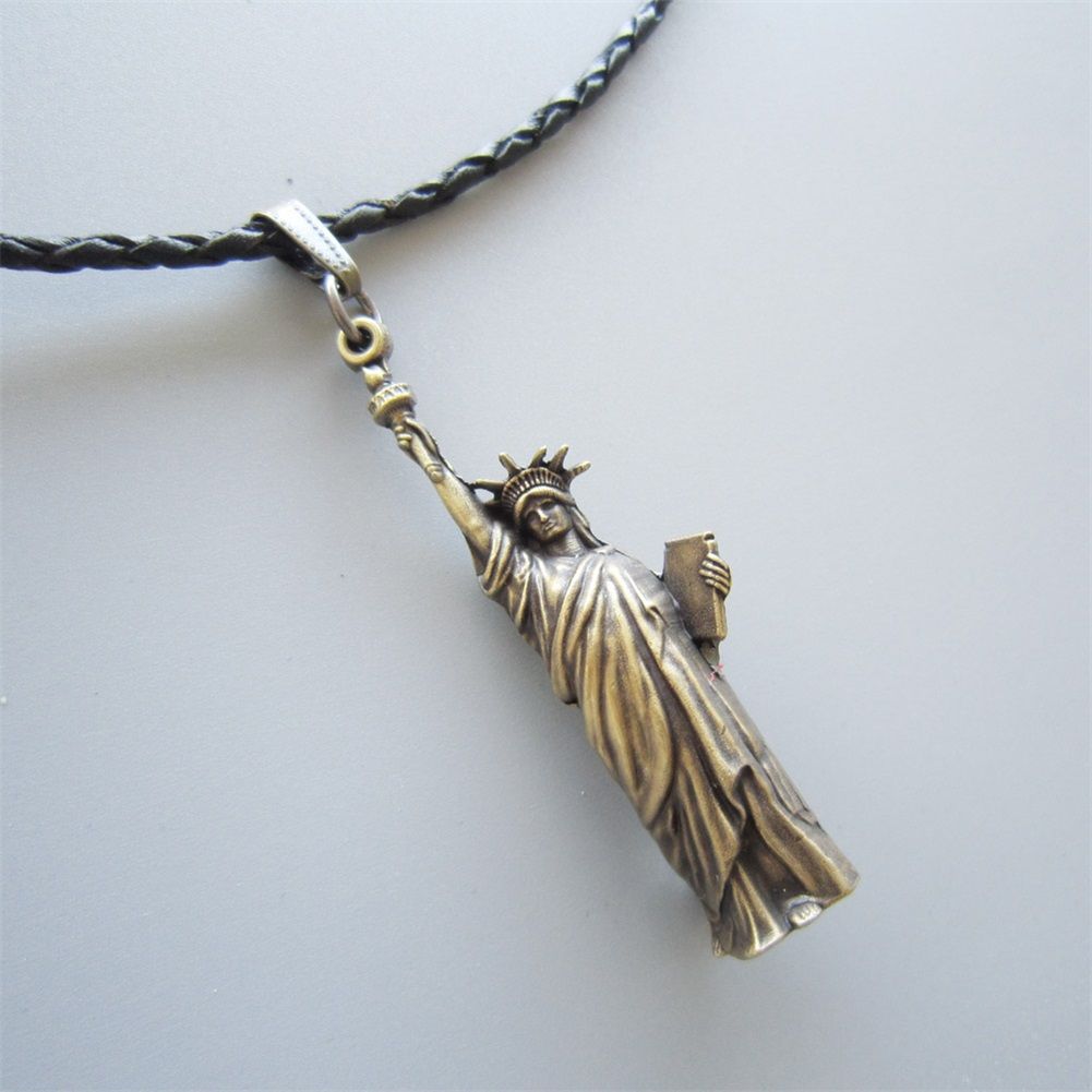 Antique Bronze Plated 3D Liberty Enlightening the World Metal Charm Pendant Leather Necklace