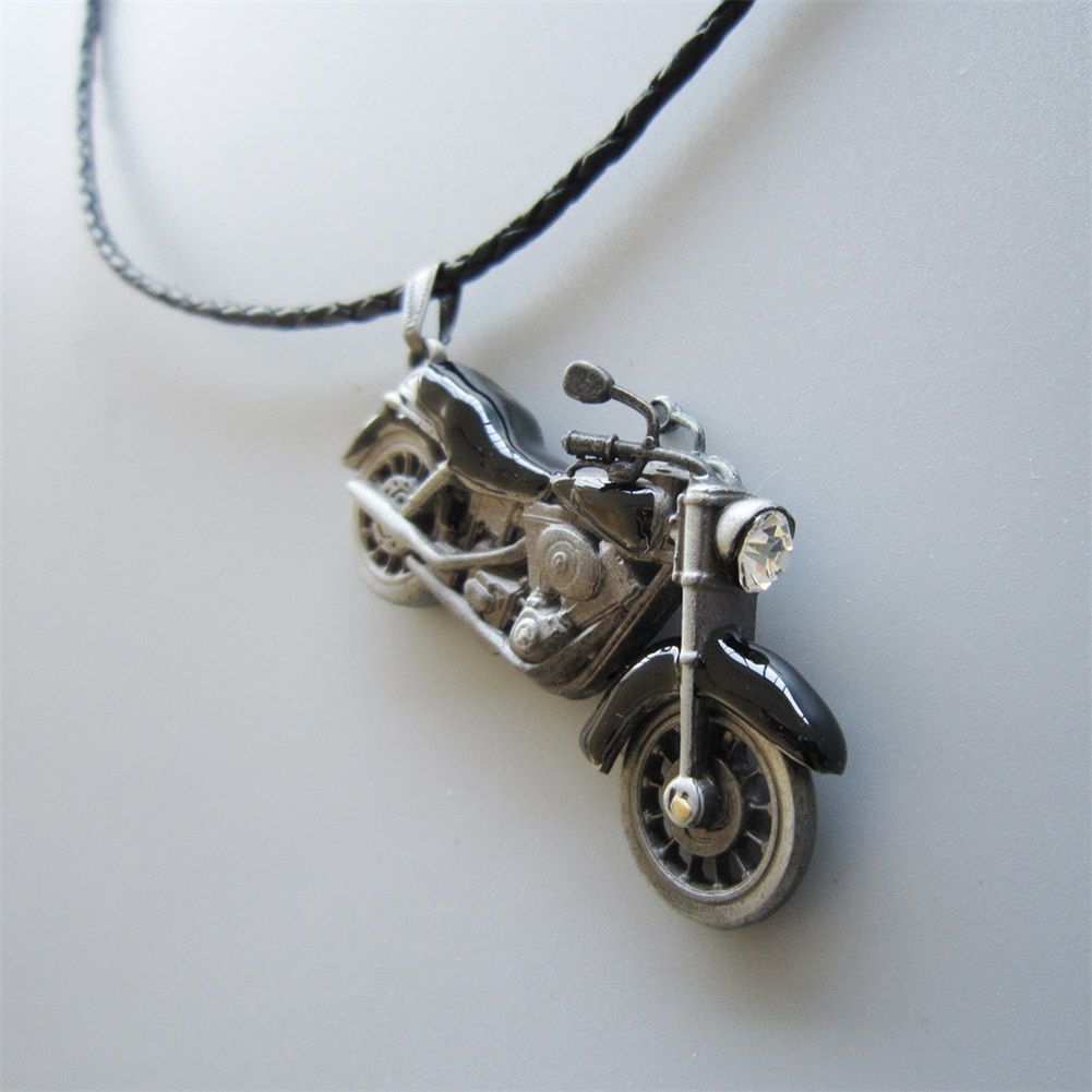 Black Enamel Motorcycle Rhinestone Spinner Metal Charm Pendant Leather Necklace NECKLACE-AT058BK