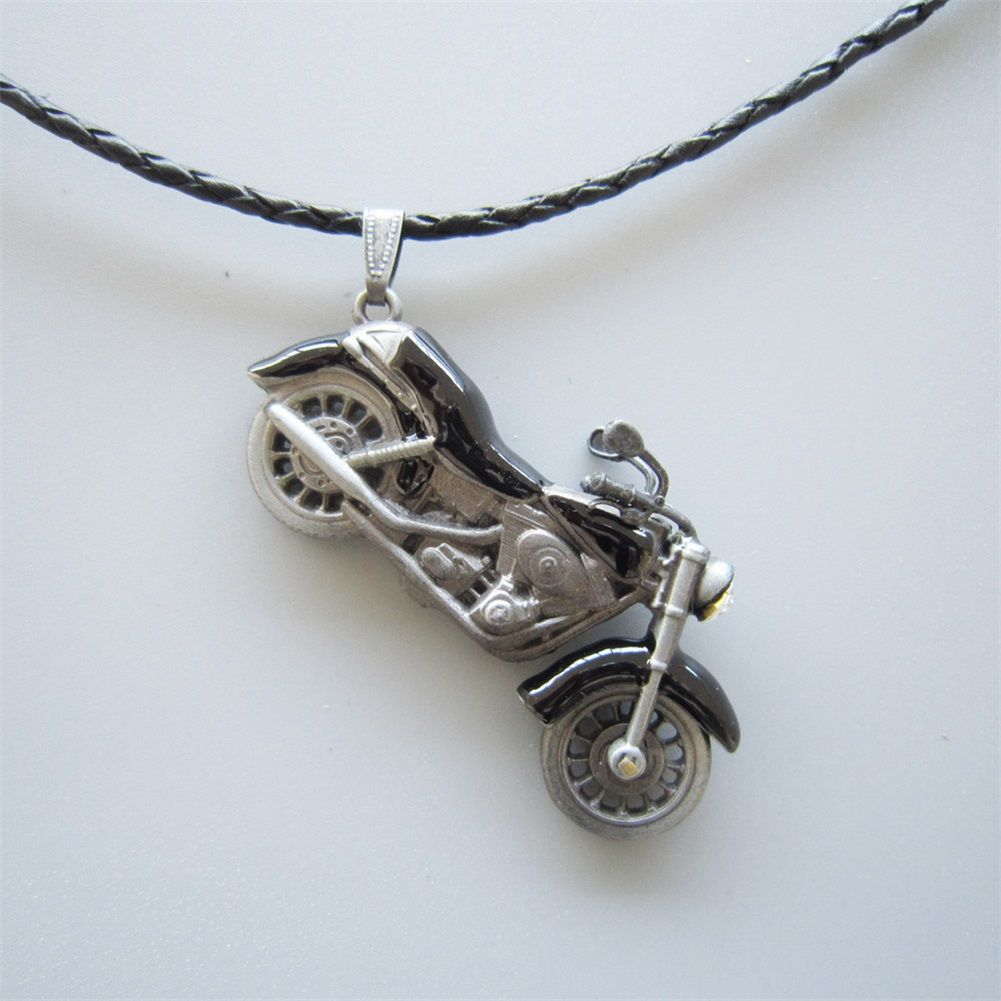 Black Enamel Motorcycle Rhinestone Spinner Metal Charm Pendant Leather Necklace NECKLACE-AT058BK