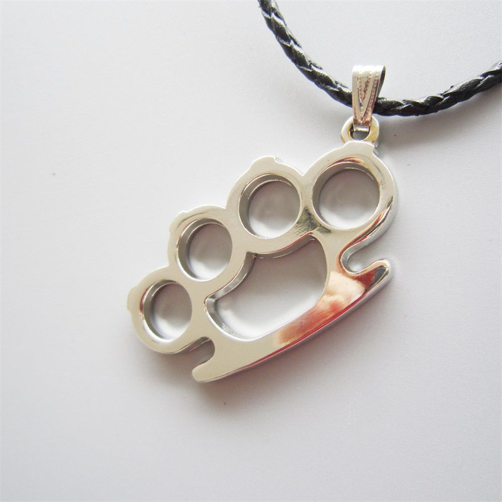 Bright Silver Four Ring Shape Pendant Charm Braided Leather Necklace