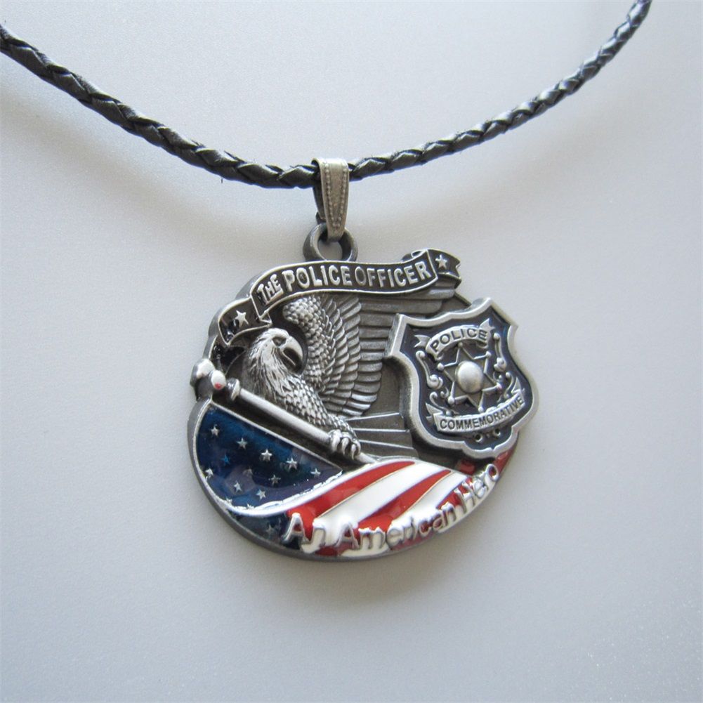American Hero Police Officer Metal Charm Pendant Leather Necklace