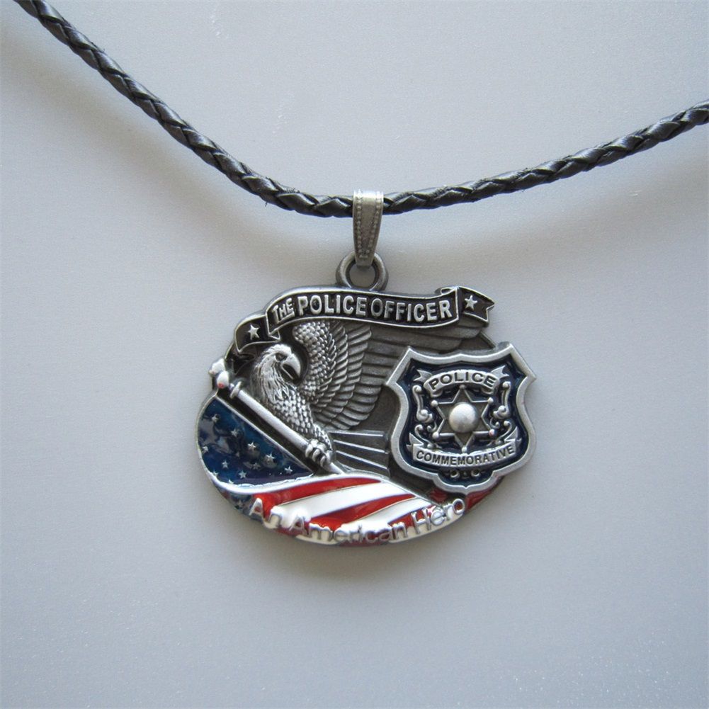 American Hero Police Officer Metal Charm Pendant Leather Necklace NECKLACE-3D045