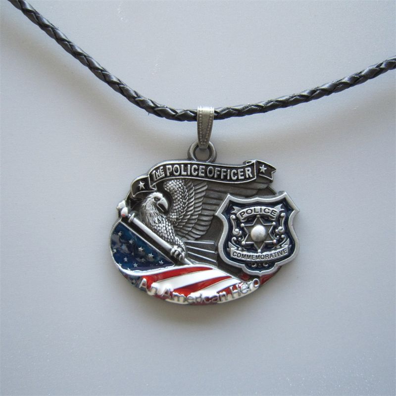 American Hero Police Officer Metal Charm Pendant Leather Necklace NECKLACE-3D045