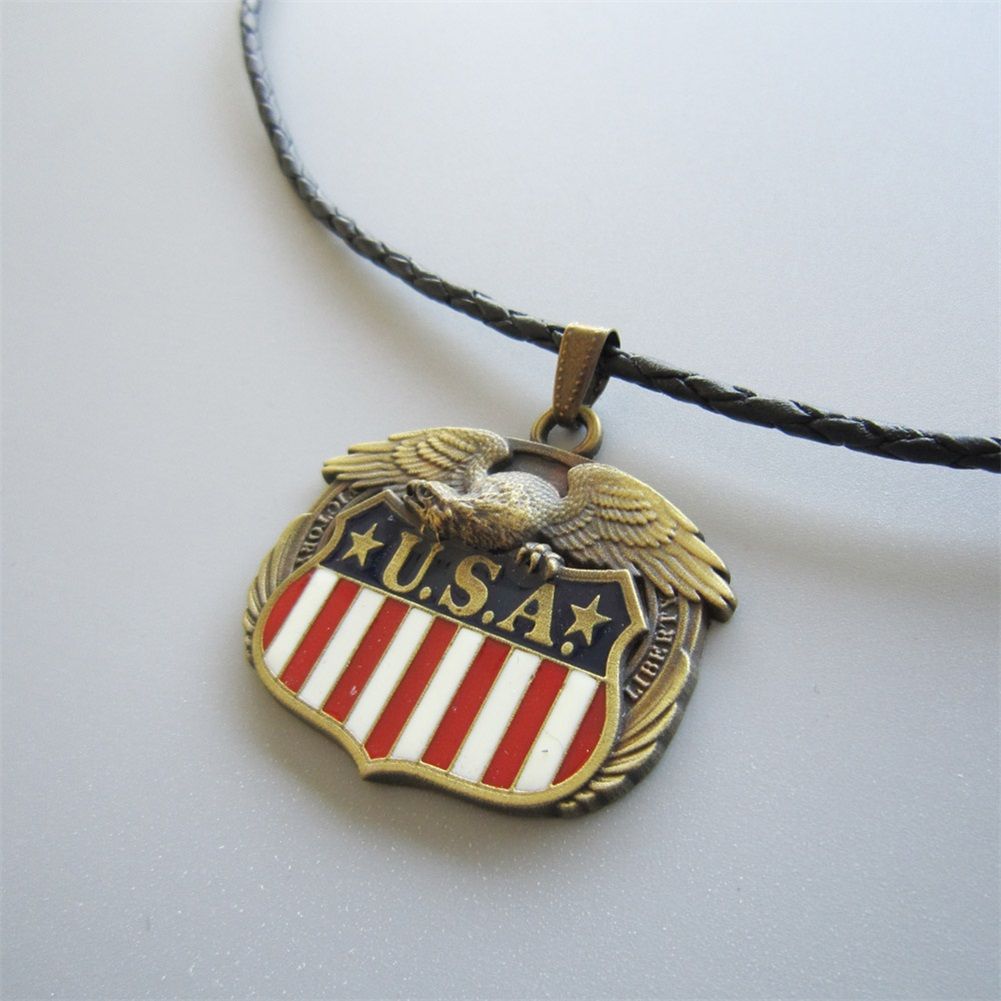 Antique Bronze Plated Fly Eagle Flag Metal Charm Pendant Leather Necklace